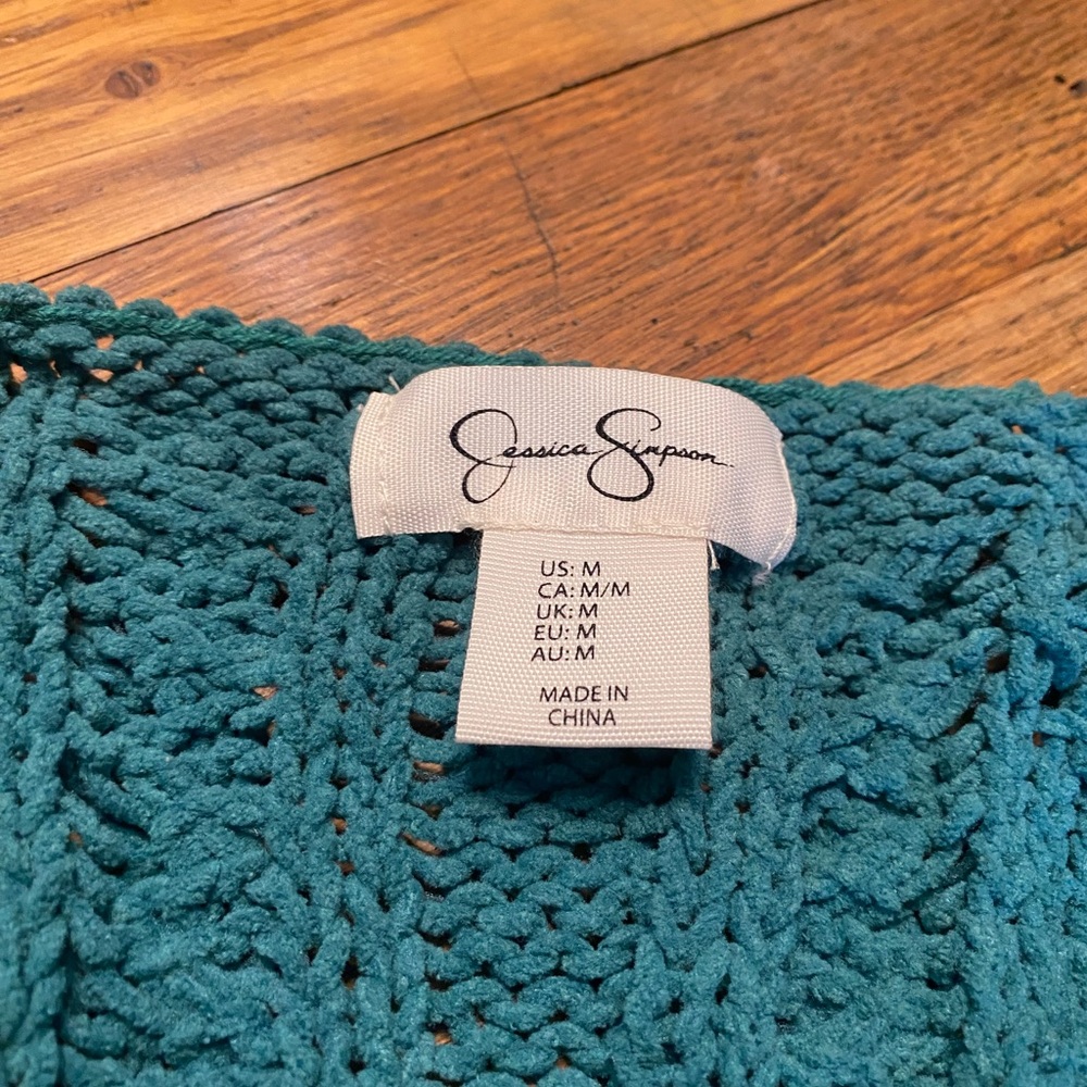 Jessica Simpson Teal Cable Knit Open Front Cardigan Sweater Size M - Picture 4 of 7